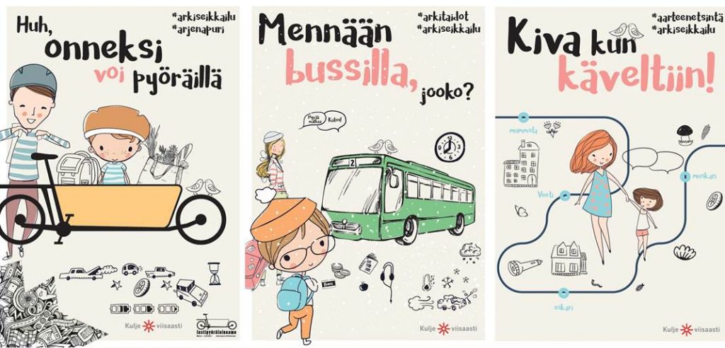 Kolmen julisteen sarja, jonka aiheena kestävä liikkuminen eli pyöräily, joukkoliikenne ja kävely.