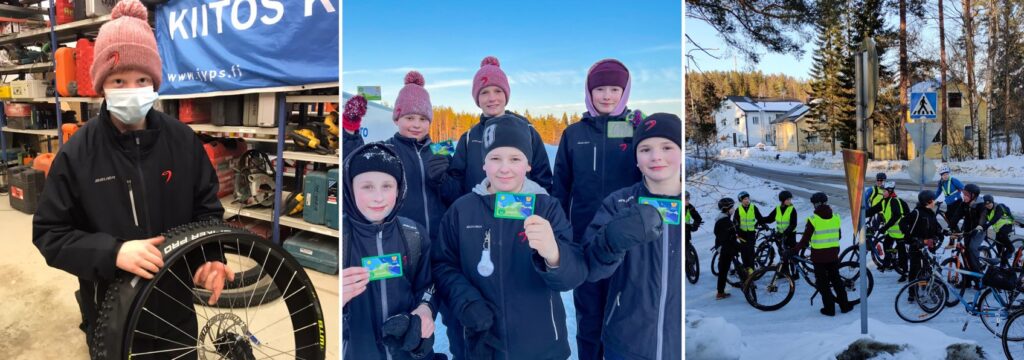 Kolmen kuvan kollaasi. Ensimmäisessä kuvassa poika vaihtaa pyörään rengasta, toisessa joukko poikia seisoo ulkona ja näyttää bussikorttia, kolmannessa kuvassa joukko ihmisiä seisoo ryhmänä pyörien kanssa tien risteyksessä talvella.