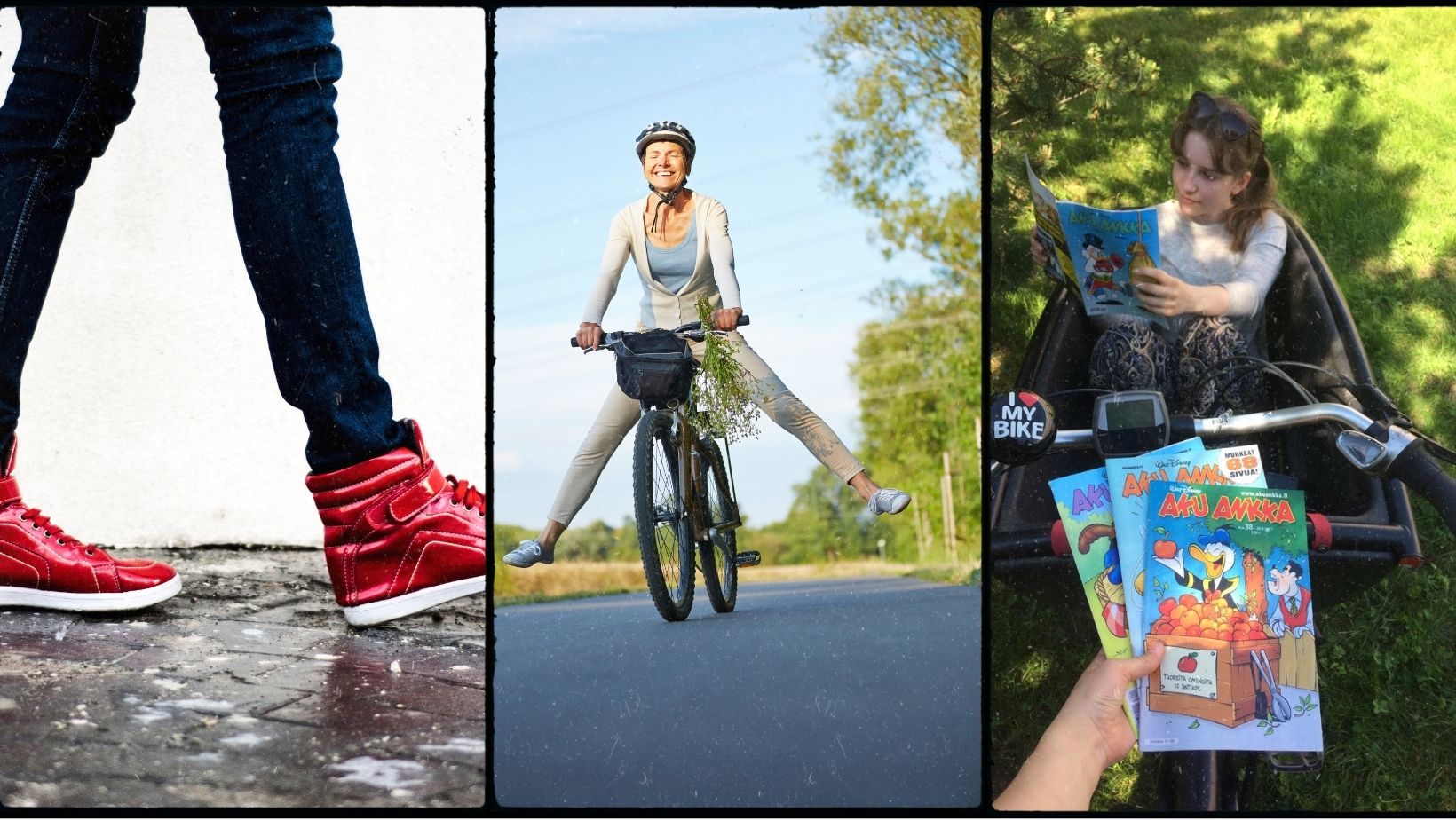 Kolmen kuvan kollaasi. Ensimmäisessä kuvassa näkyy kävelevät jalat mustissa housuissa ja punaisissa lenkkareissa. Toisessa kuvassa nainen ajaa pyörällä kesällä ja kolmennessa luetaan Aku Ankkoja lastipyörän kyydissä.