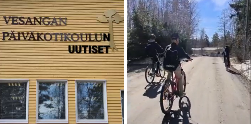 Kahden kuvan kollaasi: toisessa kuvassa koulun seinä ulkopuolelta kuvattuna ja teksti Vesangan päiväkotikoulun uutiset. Toisessa kuvassa kolme lasta pyöräilee aurinkoisena pävänä hiekkatiellä.