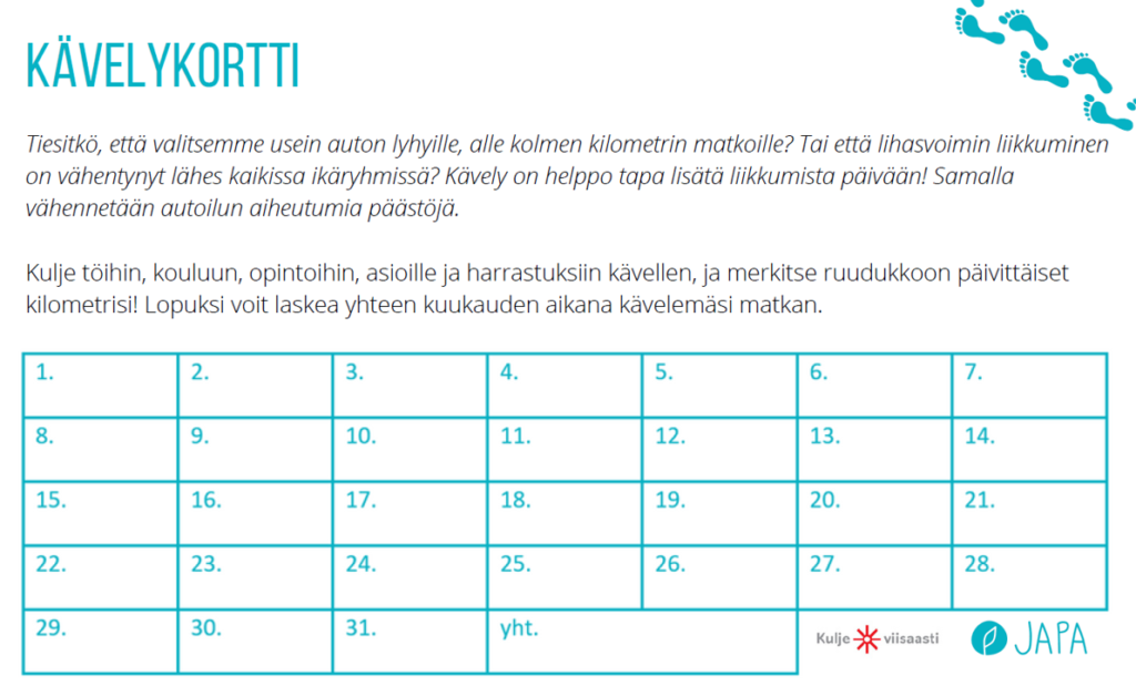 Kävelykortti. Kulje töihin, kouluun, opintoihin, asioille ja harrastuksiin kävellen, ja merkitse ruudukkoon päivittäiset kilometrisi.
