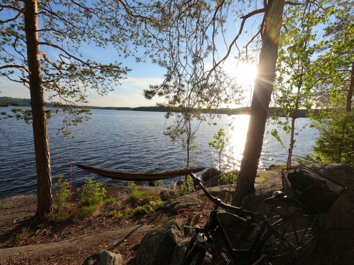 Kesäinen järven ranta, aurinko paistaa siniseltä taivaalta.