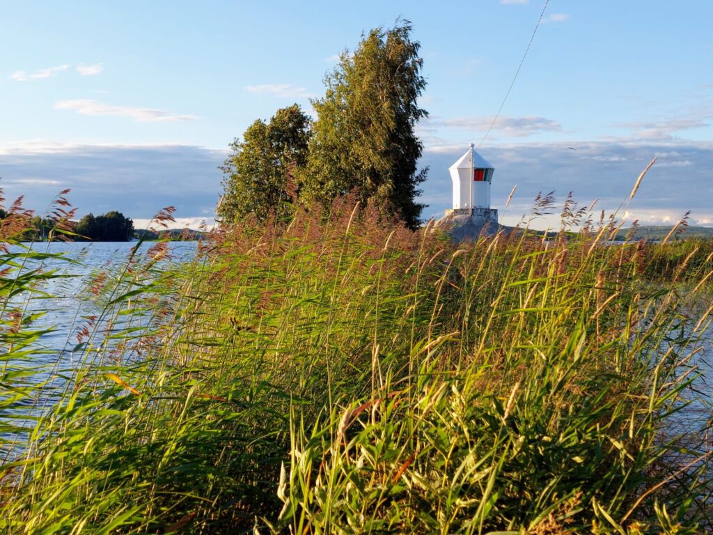 Järvimaisema, valkoinen majakka, kaislikkoa, puita