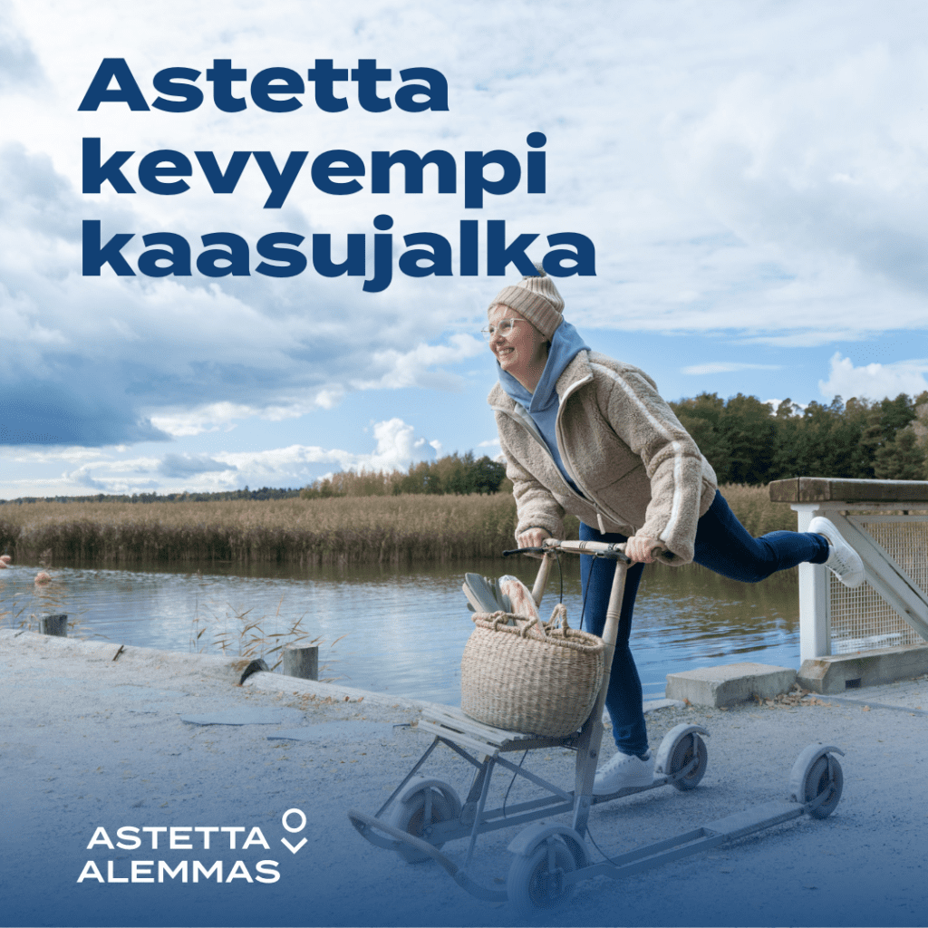 Astetta kevyempi kaasujalka. Nainen potkuttelee potkukelkalla, jossa pyörät.