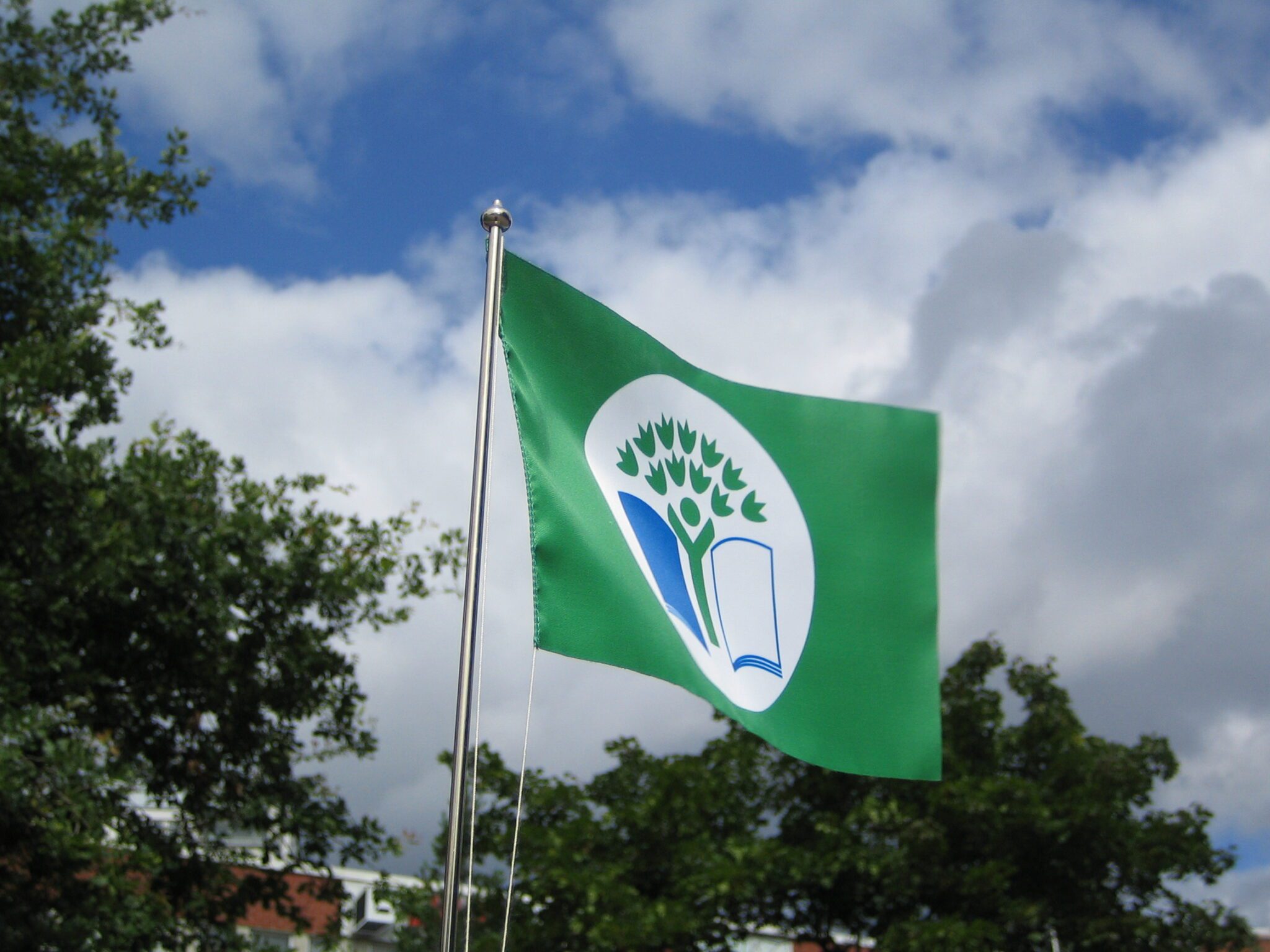 Vihreä lippu liehuu tuulessa.