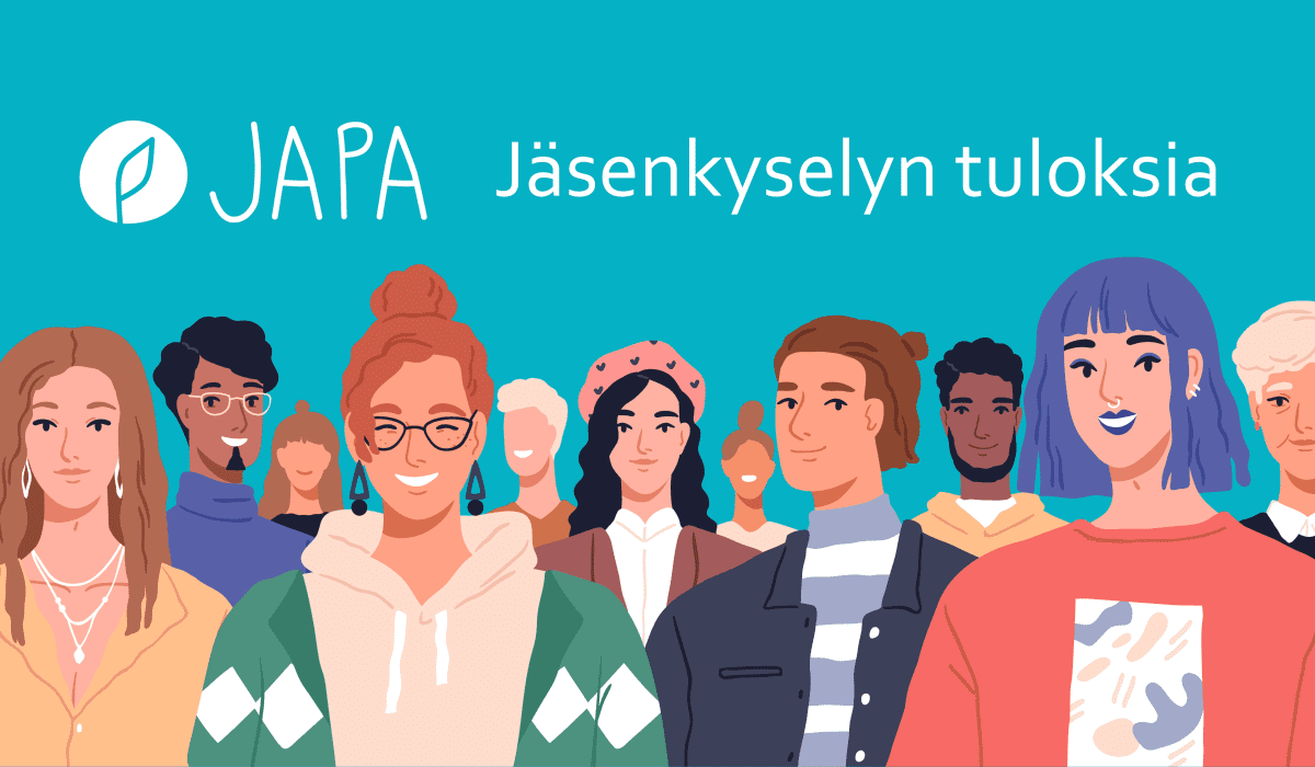 Piirroskuva ihmisistä ja teksti JAPA Jäsenkyselyn tuloksia
